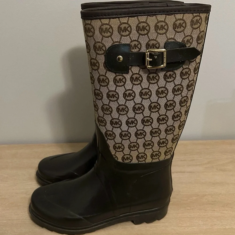 Michael Kors Tan Monogram Print Buckle Knee High Rain Boots Preppy‎ Luxe Style